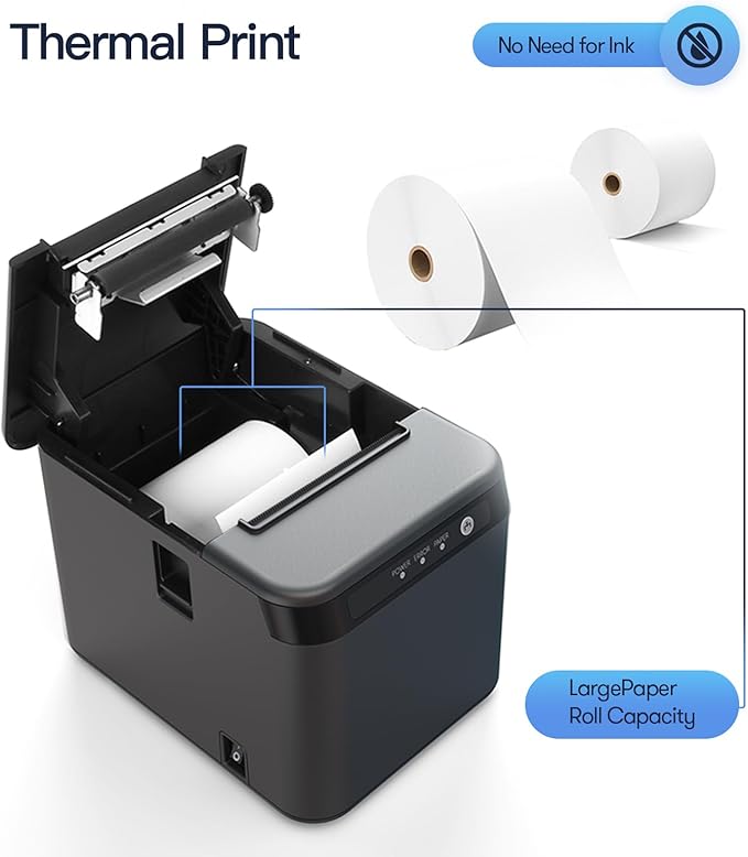 BISOFICE 80mm Receipt Printer ESC/POS Thermal Printer Desktop Direct Print USB+LAN Connection High Efficiency with Auto Cutter Large Paper Bin for Shipping Business Restaurant Kitchen Supermarket