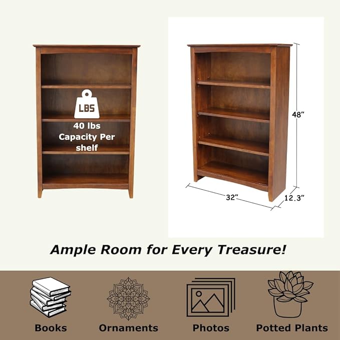 Solid Wood Bookcase 48" High, Adjustable Shelves, Parawood Construction, Easy Assembly, Kitchen/Dining Storage Furniture