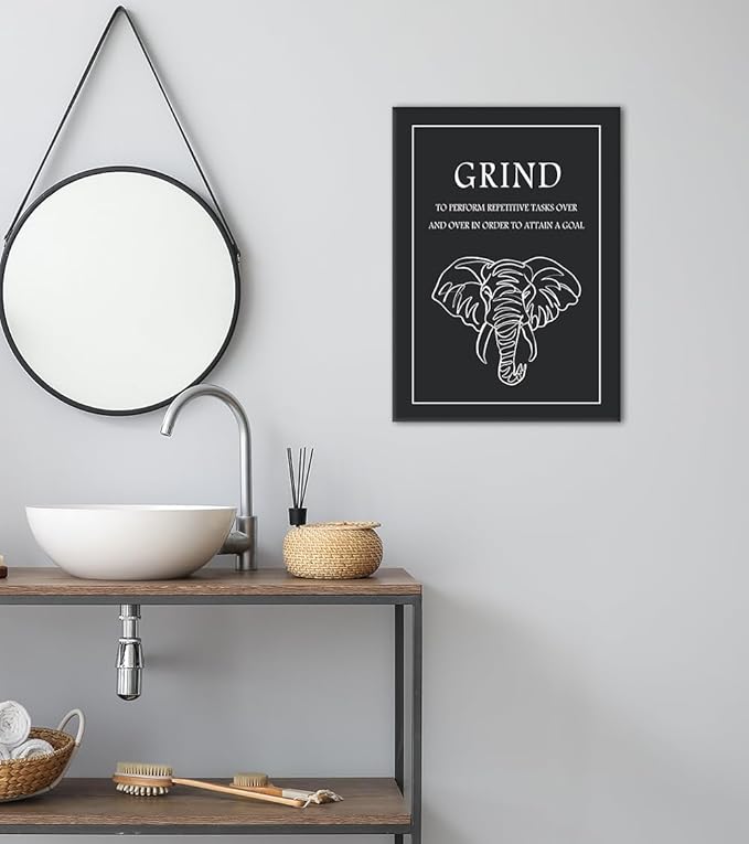 Grind Motivational Wall Art - Black and White Elephant Line Drawing with Inspiring Quote Canvas Print Entrepreneurial Success Poster Inspirational Wall Decor for Office Home Workplace, Framed 12"x16"