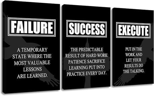3 Pieces Inspirational Canvas Wall Art Motivational Entrepreneur Quotes Picture Painting Failure Success Execute Noun Poster Print for Living Room Office Gym Wall Decor Ready to Hang [72''Wx36''H]