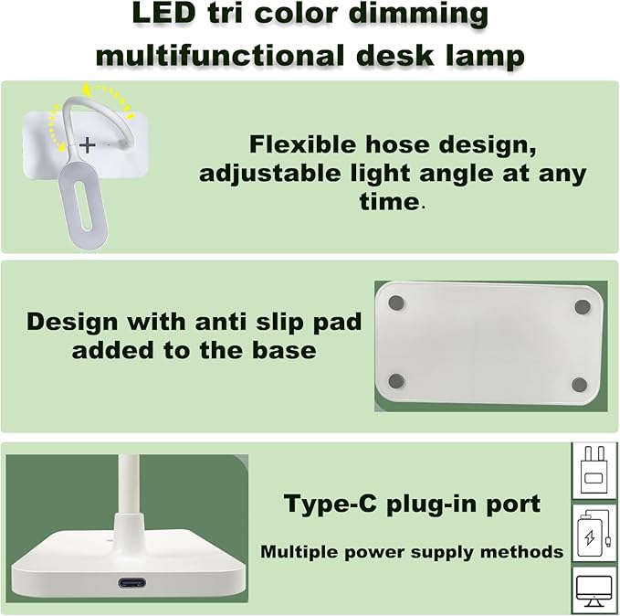 LED Soft Touch Desk Lamp - 3 Brightness Settings with Energy Efficient Natural Daylight LEDs - Adjustable Flexible Neck & Touch Controls (White with adapters ×2)