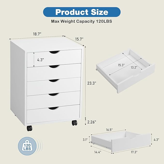 Chest File Cabinet with Wheels, Wooden Rolling Storage Dresser for Home Office, Chest Organization and Filing Cabinet for Documents, Mobile Office Furniture with Drawers