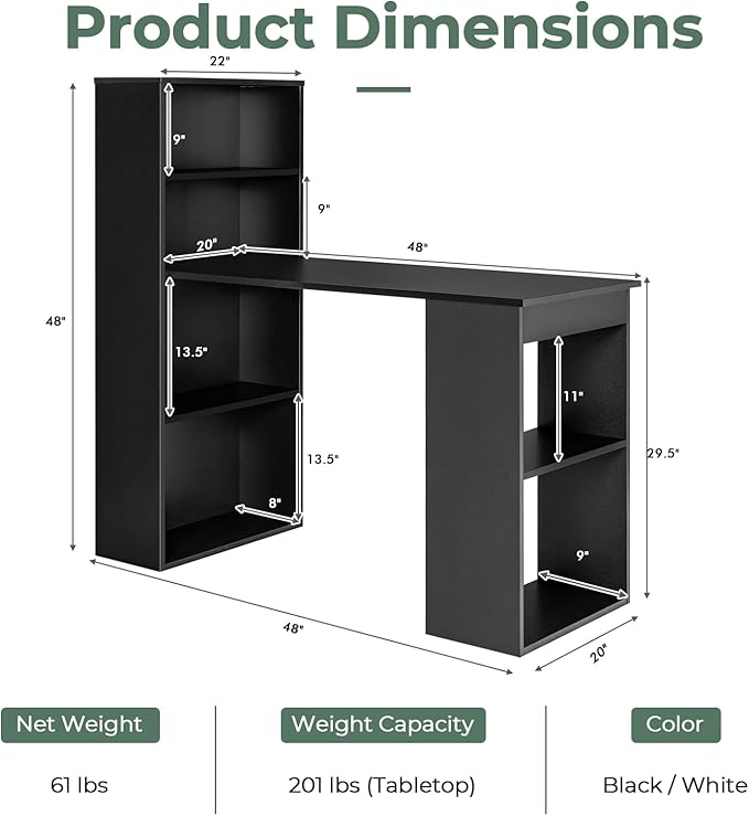 Giantex 48 Inch Computer Desk with Bookshelf, 3-in-1 Home Office Desk with 4-Tier Bookcase & CPU Stand, Space-Saving Reversible Writing Desk Work Table for Bedroom, Study Room, Office (Black)