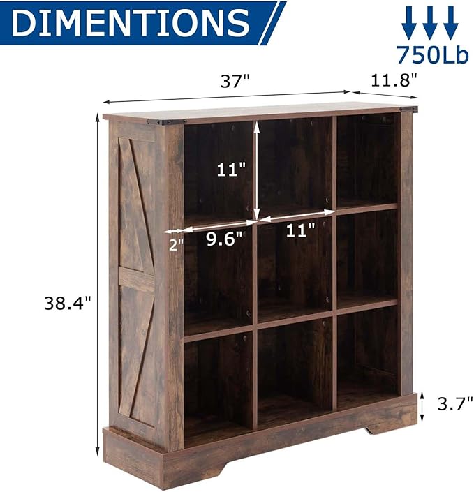 9 Cube Storage Organizer, 3 Tier Book Shelf with Led Lights, Farmhouse Book Shelves for Living Room, Horizontal Toy Storage Bookshelf, Wood Display Bookcase Cabinet for Bedroom, Office, Brown