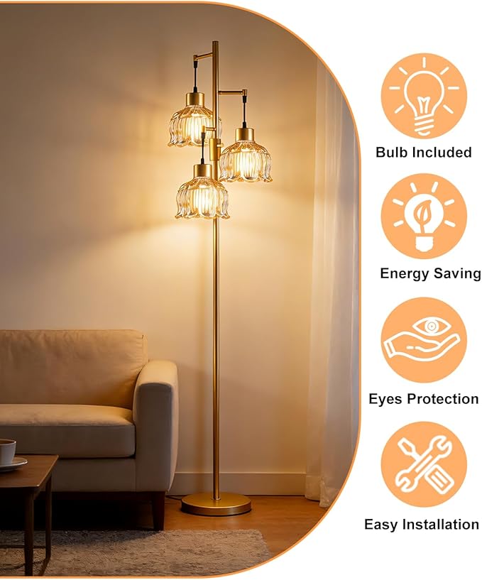 Lightdot 3-Light Lotus Floor Lamp 65'' Dimmable with Brown Glass Shade & E12 Bulbs Included, Mid Century Tall Flower Lamp for Living Room/Bedroom/Sofa Beside/Corner Decor - Gold