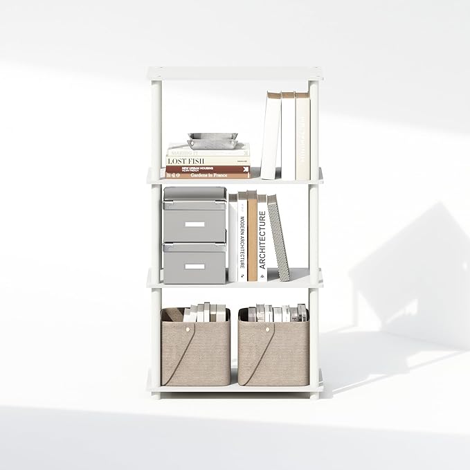 Furinno Turn-N-Tube Book Shelf, 4-Tier Bookshelf, Bookcase with Multipurpose Compact Display Rack, 11.6 x 23.6 x 43.2, for Living Room, Bedroom, Home Office, White/White