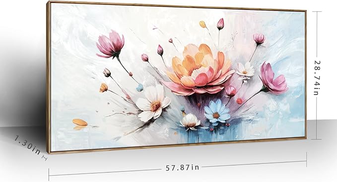 amatop Framed Floral Canvas Wall Art, Oversized Modern Abstract Daisy & Peony Botanical Print – Pink Blue Bloom Flower Pictures for Living Room, Bedroom, Dining Room & Entryway Wall Decor (58x29 Inch)