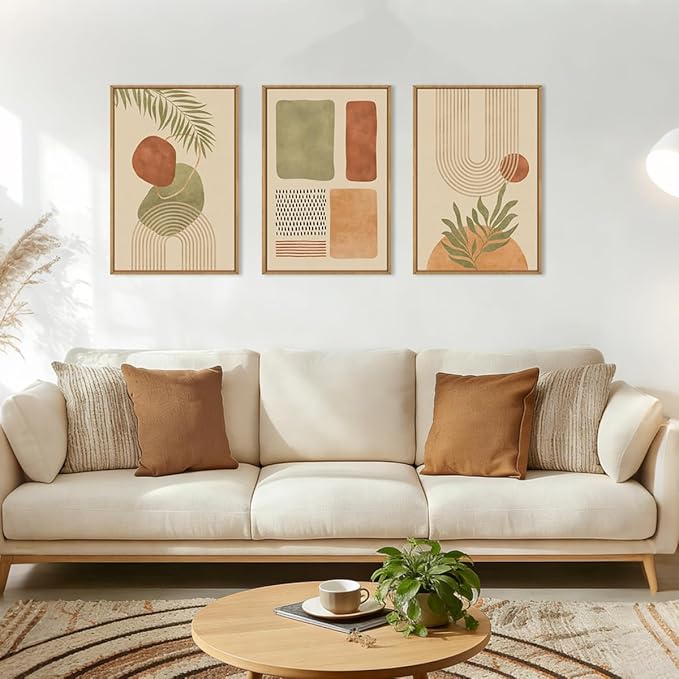 Large Boho Sage Green Framed Canvas Wall Art,Abstract Geometric Beige Wall Decor,Mid Century Modern Art Prints,Neutral Botanical Leaf Artwork for Living Room,Bedroom,Office -24"x36"x3