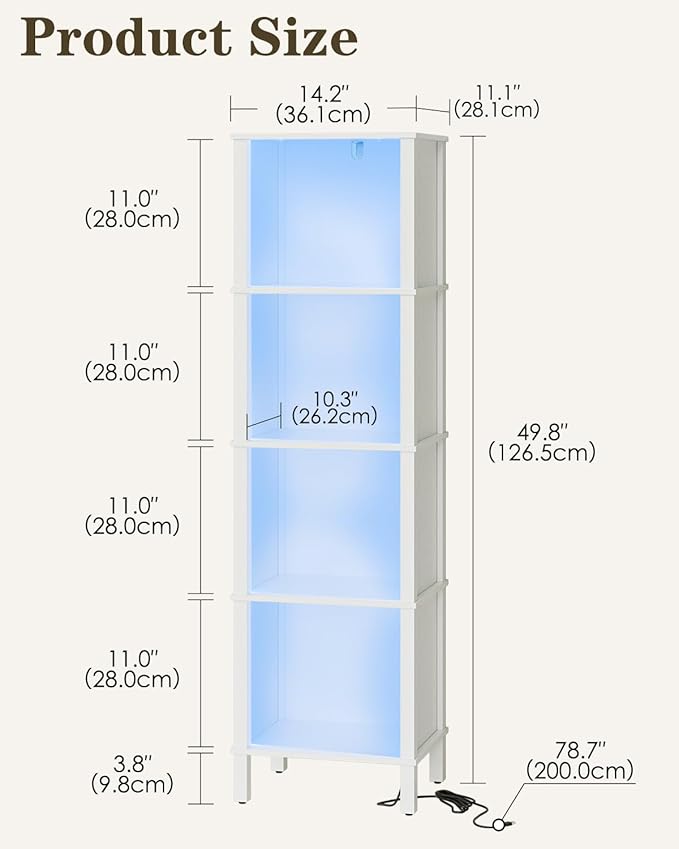 Bookshelf with LED Lights, Modern 4-Tier Bookcase, Open Storage Book Shelf, 11 × 14.2 × 50.4 Inches, Small Narrow Bookshelves for Living Room, Home Office, Bedroom, White