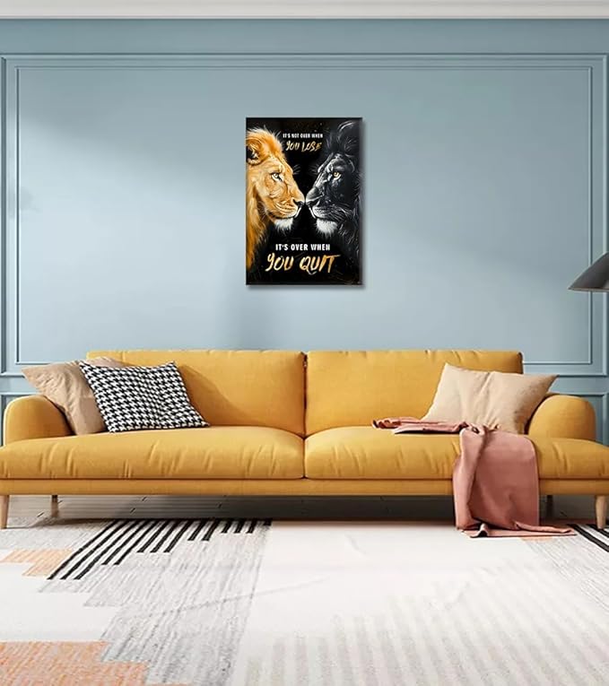 Inspirational Black and Gold Lion Wall Art - It's Not Over When You Lose, It's Over When You Quit Quotes Wall Decor Motivational Animal Poster for Office Home Man's Room, Framed 24"x36"