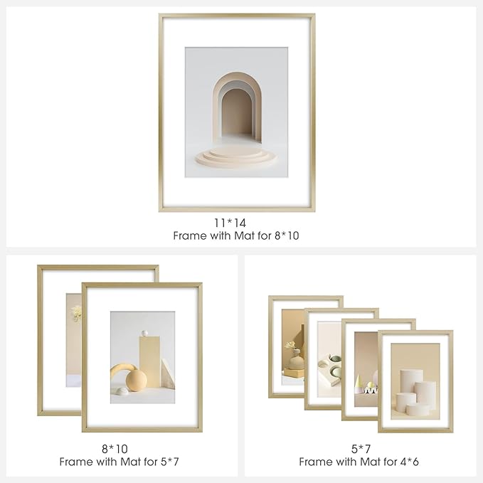 Frametory, Aluminum Picture Frames Set of 7 - Gold Gallery Wall Kit - Displays One 11x14, Two 8x10, and Four 5x7 inch Photos for Home Decoration