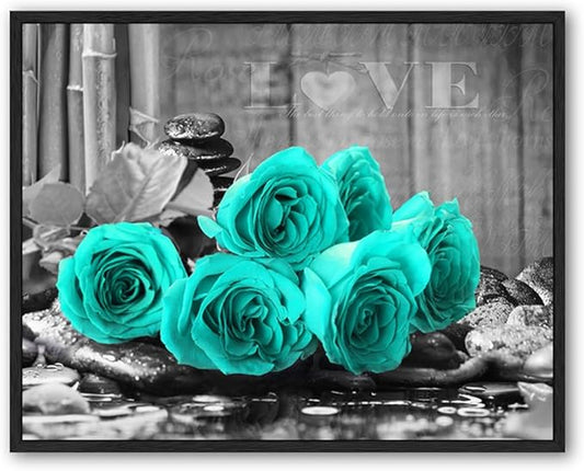 YMYXMC33 Black Framed Teal Rose Flower Picture Decor Wall Art Canvas Print Black and White Poster Country Love Decoration Bedroom Bathroom12x15…