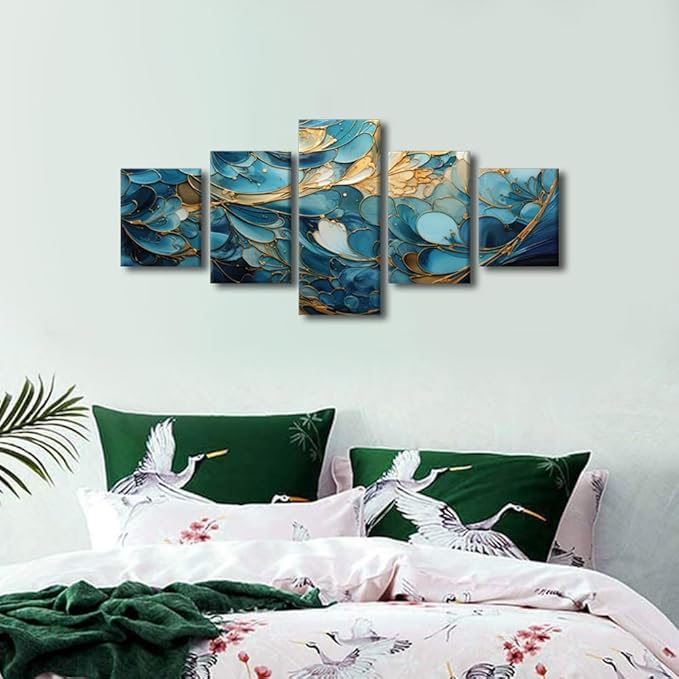 Canvas Wall Art for Men Modern Living Room Decor Blue and Gold Abstract Marble Pattern Painting Artwork 5 Panel Home Wall Art for Bedroom Decoration Stretched and Framed Ready to Hang 50x24 in