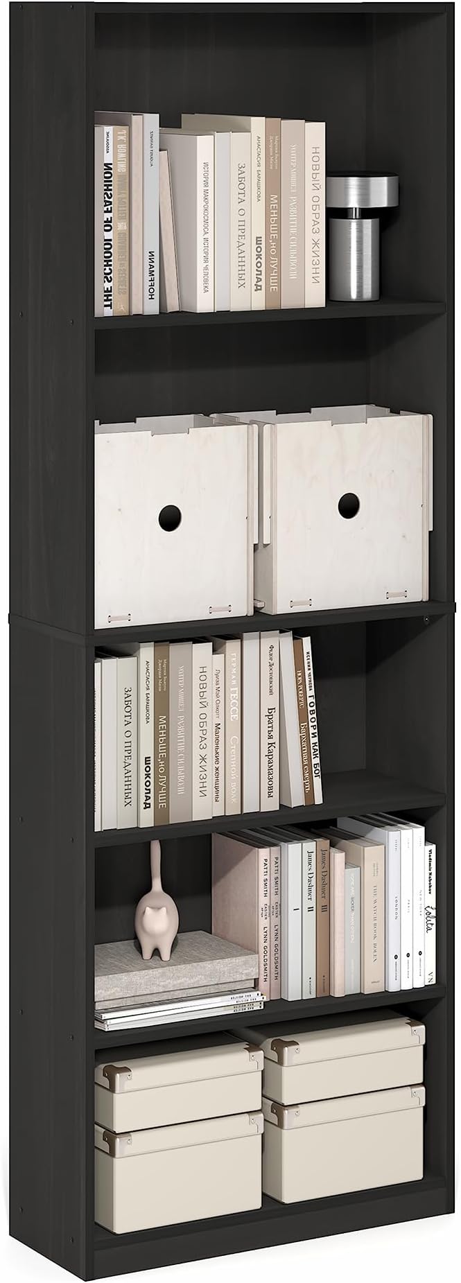Furinno Jaya Book Shelf, 5-Tier Tall Book Shelf, Bookcase with Open Shelving, Standing Bookshelf, 9.5 x 24.6 x 71.1, for Organization and Storage, for Home Office, Living Room, Espresso