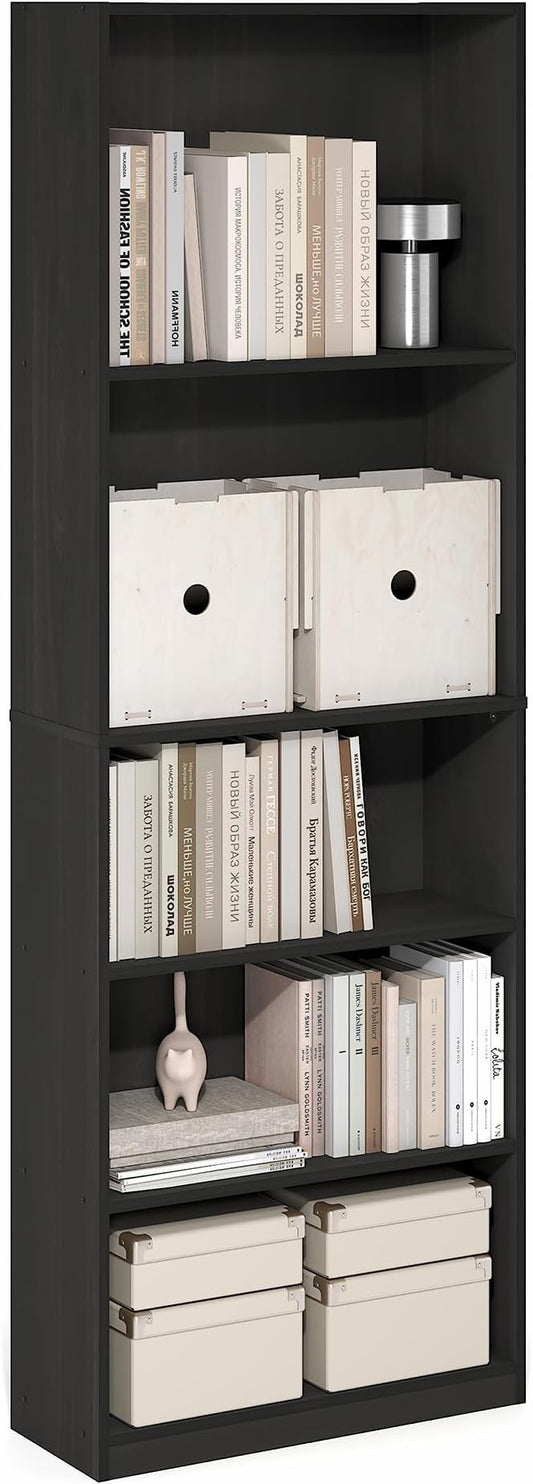 Furinno Jaya Book Shelf, 5-Tier Tall Book Shelf, Bookcase with Open Shelving, Standing Bookshelf, 9.5 x 24.6 x 71.1, for Organization and Storage, for Home Office, Living Room, Espresso