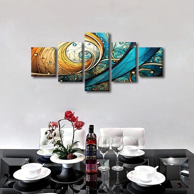 Wall Art for Men Modern Abstract Canvas Wall Art Decor Prints 5 Panel Vortex Spiral Artwork Gold Blue Green Colors Wall Art for Lady Room Wall Decor Stretched and Framed Ready to Hang 50x24 in