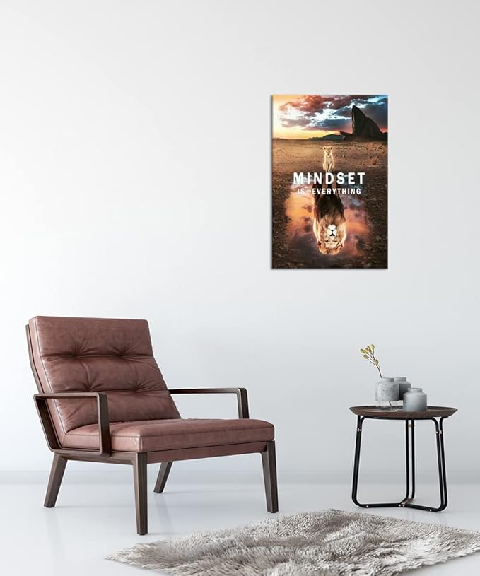 Mindset is Everything Inspirational Canvas Wall Art Small Cat and Big Lions Entrepreneur Quotes Poster Print Artwork Painting Picture for Home Office Living room Wall Decor Framed[24" W x 36" H]