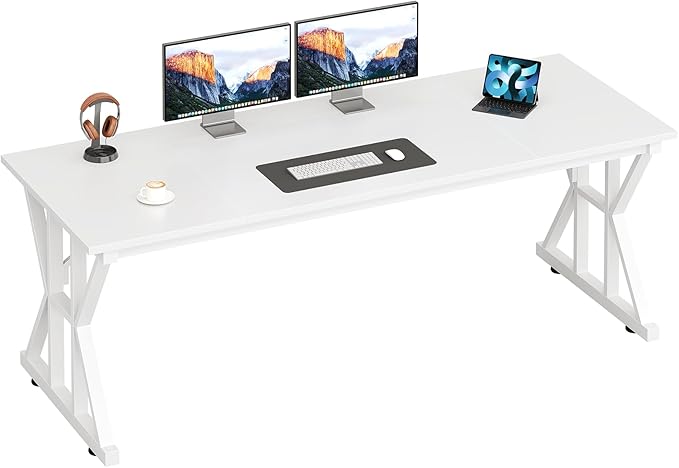 TVU Computer Desk, 63 inch Large Office Desk, Study Writing Table with Thicken Frame, Gaming Desk, Modern Simple Desk for Home Office, White