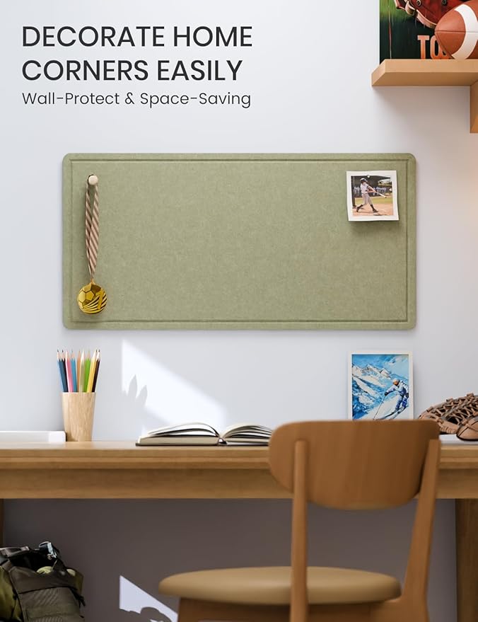 Fluxynara Bulletin Board, 35" x 17.5" Cork Board Alternative with 12 Safe Removable Adhesive Tabs, Foldable Felt Pin Board for Home Office, Classroom, Bedroom,Entryway for Walls— Sage