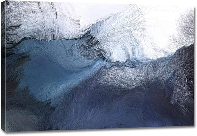 Canvas Wall Art Abstract Art Paintings Navy Blue Block and Line Graffiti is Like Running Water on White Background Modern Artwork Decor for Living Room Bedroom Kitchen 30x20in