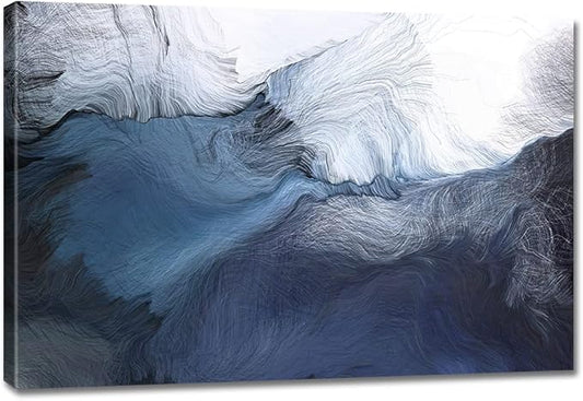Canvas Wall Art Abstract Art Paintings Navy Blue Block and Line Graffiti is Like Running Water on White Background Modern Artwork Decor for Living Room Bedroom Kitchen 24x16in