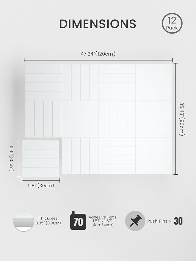 Bumusty Large Cork Board Alternative-48 x 36" Felt Bulletin Board Tiles, with 30 Pushpins, 70 Adhesive Tabs, 12-Pack Slat Wall Paneling, Cork Boards for Office Push Pin Board Felt Board-Cold White