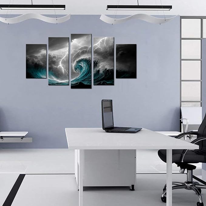 Biuteawal 5 Panel Black White Canvas Print Storm Sea Wall Art Blue Ocean Wave Seascape Pictures Nature Lightning Artwork Cool Nature Painting Poster Prints Stretched Framed Modern Home Living Room