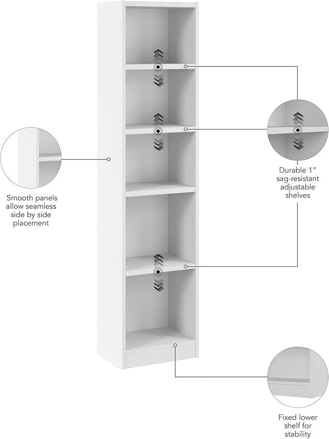 Bush Home Universal 17W Narrow 5 Shelf Bookcase in White, Tall Skinny Bookshelf for Home Office Storage or Living Room Organization