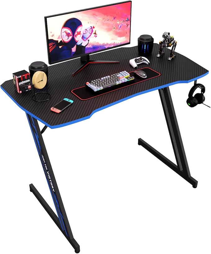 BestOffice Gmaing Desk Z Shaped 39.4in Computer Gaming Workstation Ergonomic Gaming Table with Headphone Hook for Game Players, Blue
