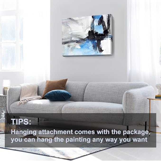Large Abstract Canvas Wall Art Modern Aquarelle Art Paintings Black and Blue Fantasy Colorful Graffiti on White Background Minimalist Artwork Decor for Living Room Bedroom Corridor Framed 36x24in