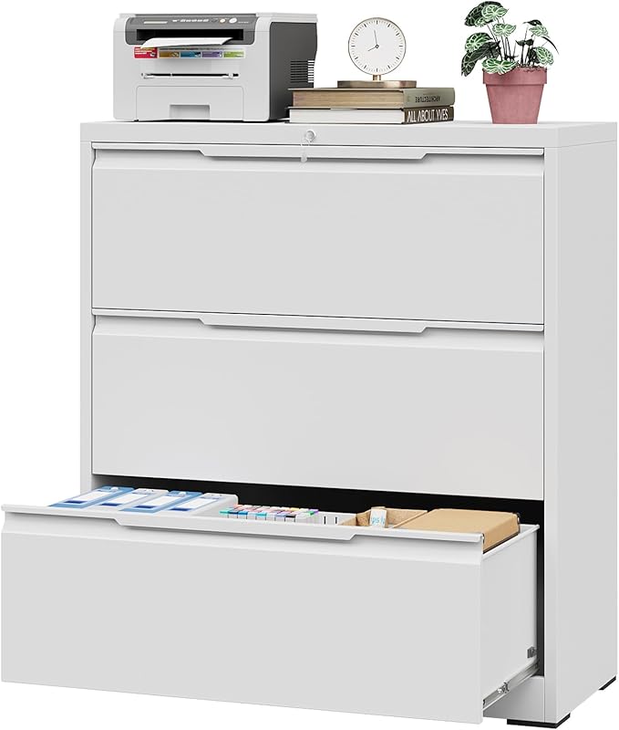 3 Drawer Lateral File Cabinet with Lock, Heavy-Duty Metal Filing Cabinet for Home Office, Steel Storage Compatible with Hanging Files Letter/Legal/F4/A4 Sizes (3 Drawer, White)