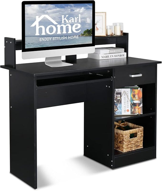 Karl home Computer Desk Study Writing Desk, PC Laptop Table Wooden Home Office Workstation with Drawer Shelf Keyboard Tray, Black