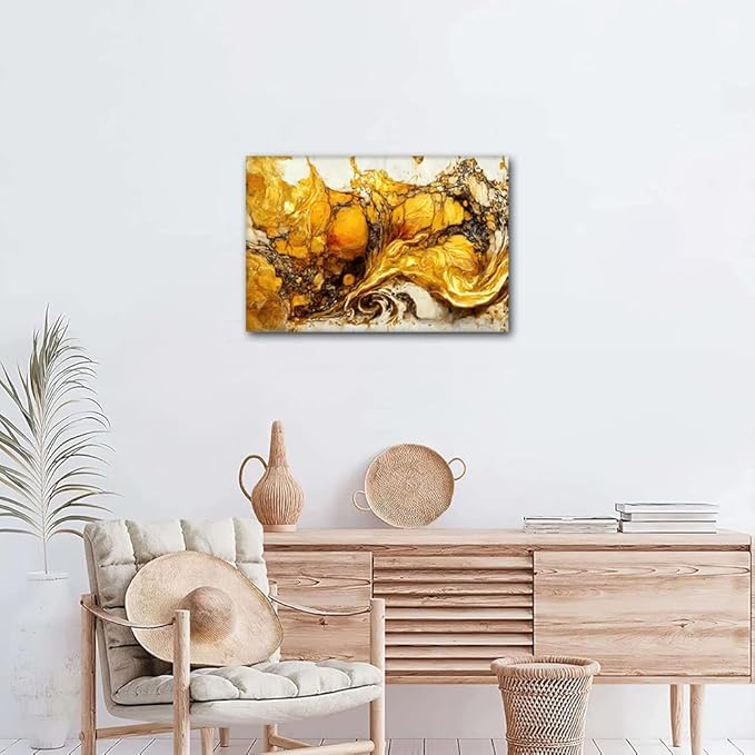 Abstract Canvas Art Decor 1 Panel Modern Native Americans Home Wall Art Gold and White Marble Art Poster Printing Dilettante Living Room Bedroom Restaurant Wall Decor Stretched Ready to Hang 18x12 in