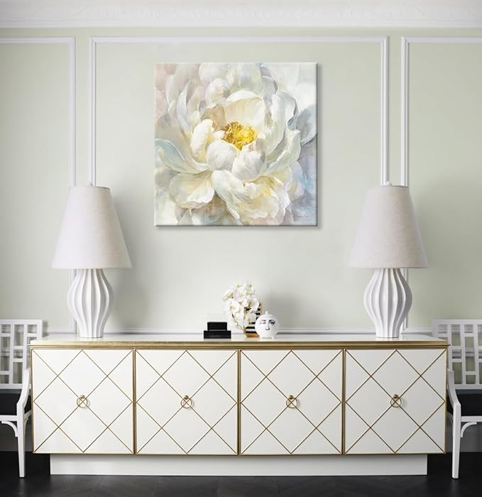 SEVEN WALL ARTS Peony Flower Canvas Wall Art Modern Yellowish Floral Picture Poster Print Abstract White Blossom Artwork for Bedroom Bathroom Kitchen Dining Room Home Decor 24"x24"
