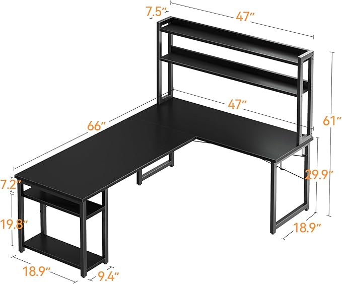 ODK L Shaped Gaming Desk with Hutch, Computer Desk with Storage Shelves, 66" L Shaped Desk for Home Office, Corner Desk with Headphone Hook, Black