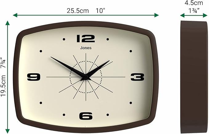 JONES CLOCKS® Movie wall Clock | Retro Rectangular Clock | 10 inch | Mocha Brown | Cool mid-Century Designer Look for Kitchen, Living Room or Office