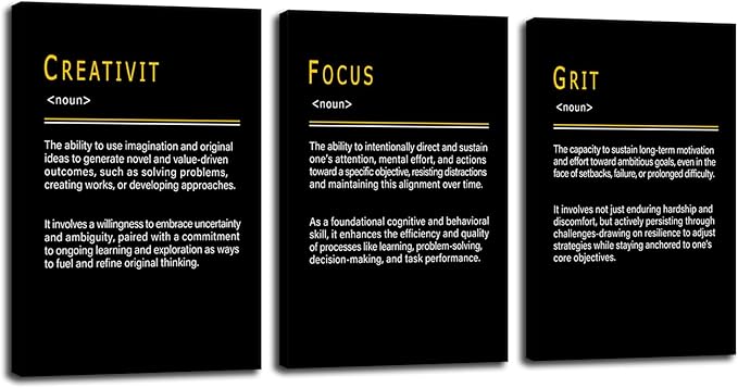Motivational Wall Art CREATIVITY FOCUS GRIT Noun 3 Pieces Positive Canvas Poster Inspirational Quotes Decor that Drive Success for Office Home Bedroom Workplace Framed Ready to Hang [48''Wx 24''H]