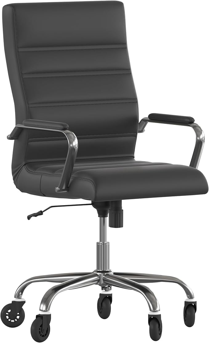 Flash Furniture Whitney High Back Black LeatherSoft Executive Swivel Office Chair with Chrome Frame, Arms, and Transparent Roller Wheels