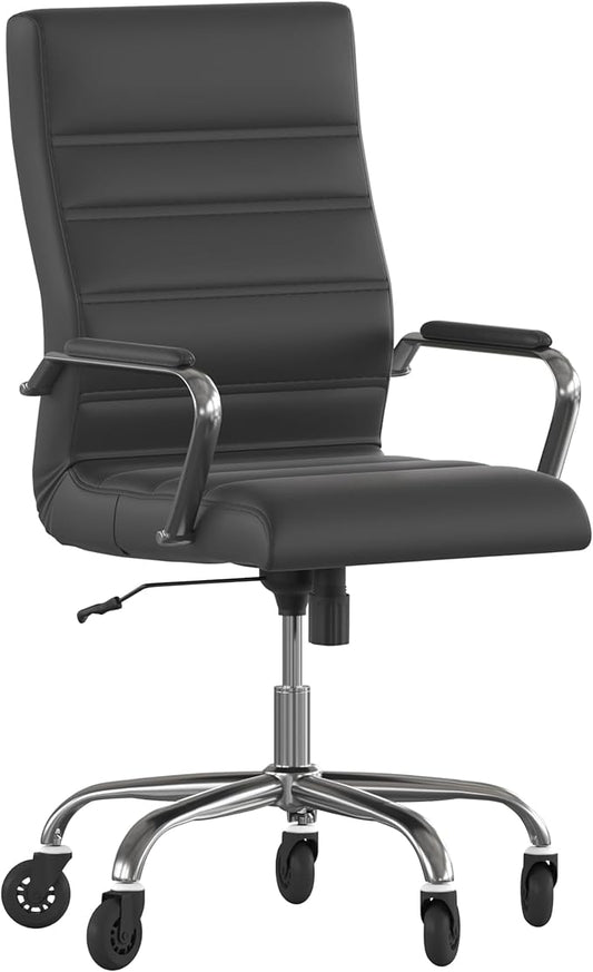 Flash Furniture Whitney High Back Black LeatherSoft Executive Swivel Office Chair with Chrome Frame, Arms, and Transparent Roller Wheels