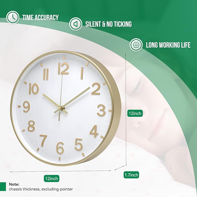 Wall Clock 12 Inch White-Gold Modern Simple Quartz Decorative Clock Non-Ticking Silent Battery Operated Round Wall Clocks Trendy and Practical Best Gift for Living Room Bedroom Kitchen Office