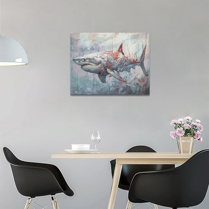 yerretin Ocean Shark Wall Art Nautical Shark Pictures Wall Decor Beach Coastal Undersea Canvas Painting Modern Artwork Home Decorations for Bathroom Bedroom Living Room Office Framed 16"x12"