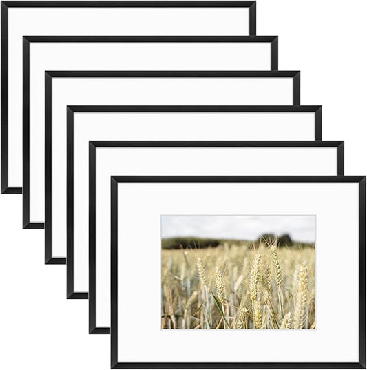 Golden State Art, Gallery Wall Frame Set of 6 - Black 9x12 Aluminum Photo Frames with Mat for 6x8 Pictures - 9 x 12 inch Metal Frame with Real Glass Cover - Elegant Home or Office Decor