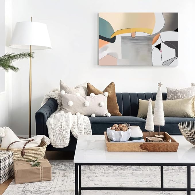 Wall Art Canvas Abstract Color Block Line Art Prints Apricot Cyan Black Grey Color Blocks and Lines Painting Modern Artwork Decor for Living Room Bedroom Kitchen 36x24in