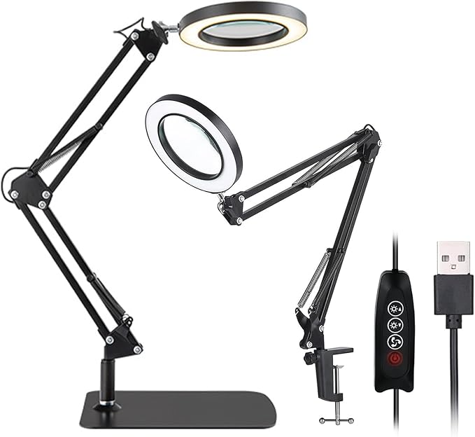 10X Magnifying Glass Lamp Ultra Long 3-Section Swing Arm with Light and Stand, Desk Lamp 5 Color Modes LED Super Bright Daylight, Arm Lighted Magnifying Lamp for Workbench, Crafting, Hobby (Black)