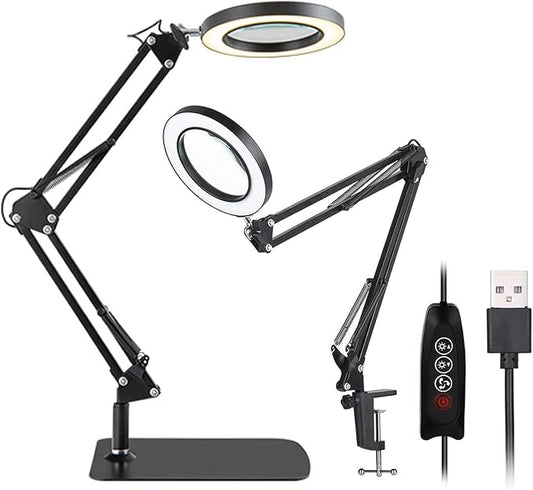 10X Magnifying Glass Lamp Ultra Long 3-Section Swing Arm with Light and Stand, Desk Lamp 5 Color Modes LED Super Bright Daylight, Arm Lighted Magnifying Lamp for Workbench, Crafting, Hobby (Black)