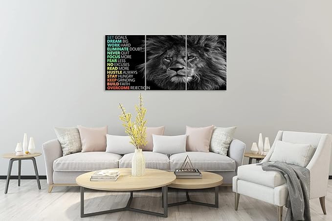 Office Wall Decor 3 Panels Inspirational Lion Canvas Wall Art Motivational Entrepreneur Quote Canvas Print Paintings Posters Artwork Living room Home Decor Framed Ready to Hang[60''Wx 28''H]