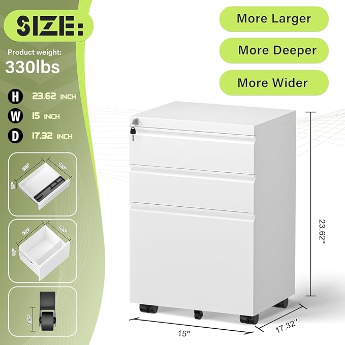 Incbruce File Cabinet with Wheels, 3 Mobile Drawer Metal File Storage Cabinet with 2 Locks, Rolling File Cabinet for Legal/Letter/A4 Size, Easy Assemble (White)
