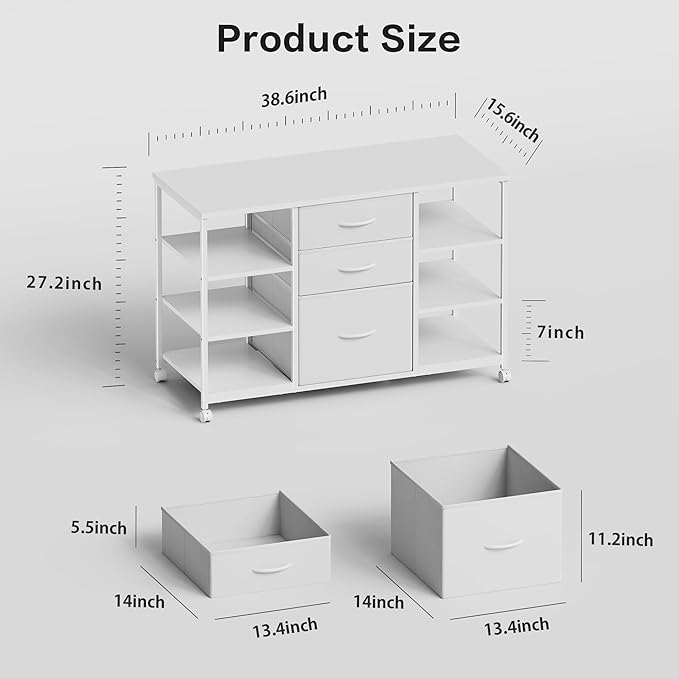 Mobile File Cabinet,Lateral Filing Cabinet with 3 Fabric Drawers,Rolling Printer Stand with 4 Open Storage Shelf for Home Office, White