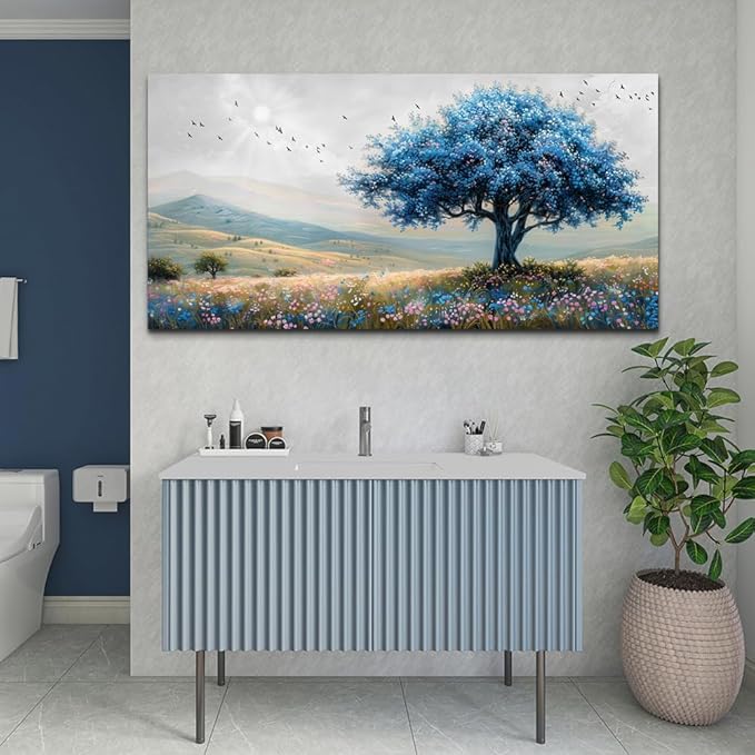 KELIYUAN Large Farmhouse Wall Art For Living Room Canvas Wall Decor For Office Bedroom Hotel room Field Scenery Wall Painting Blue Trees Picture Modern Home Decoration Artwork Ready To Hang 24x48In