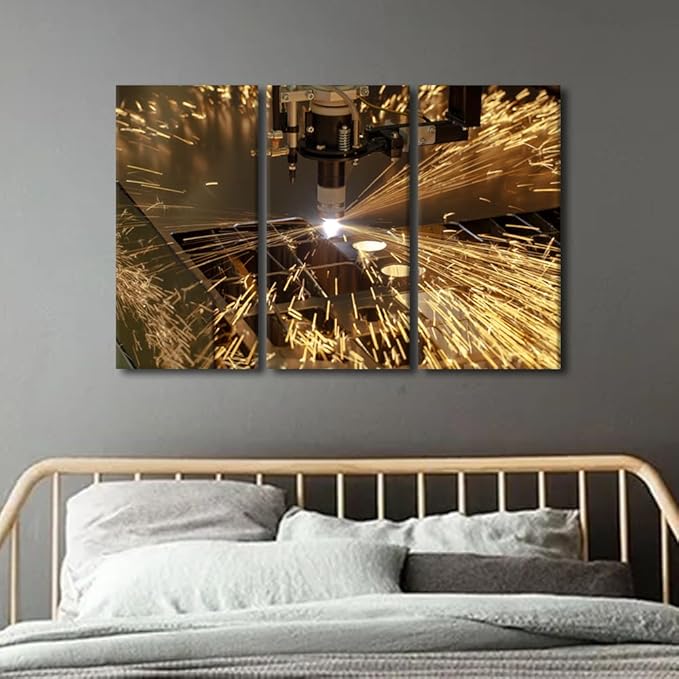 Framed Wall Art Prints Plasma Cutting Pictures Canvas Prints Art Work for Walls Multi-panels Wall Art Metalwork Industry Machine Canvas Art Wall Decor for Bedroom Living Room, 42x28 Inch